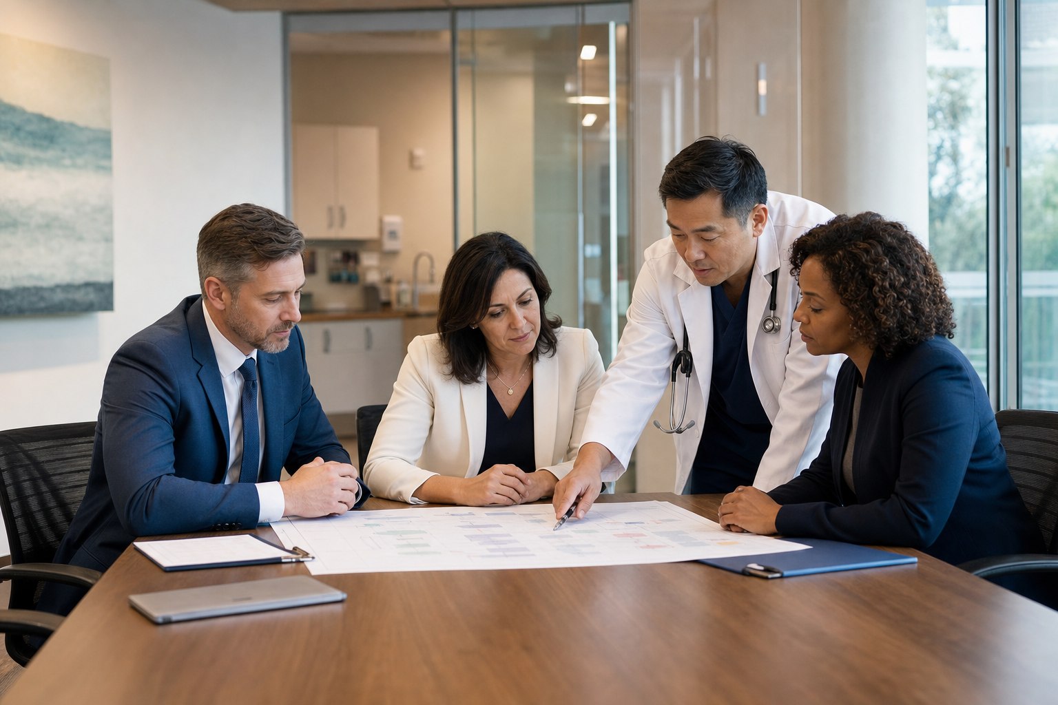 Healthcare leaders reviewing an operating plan together