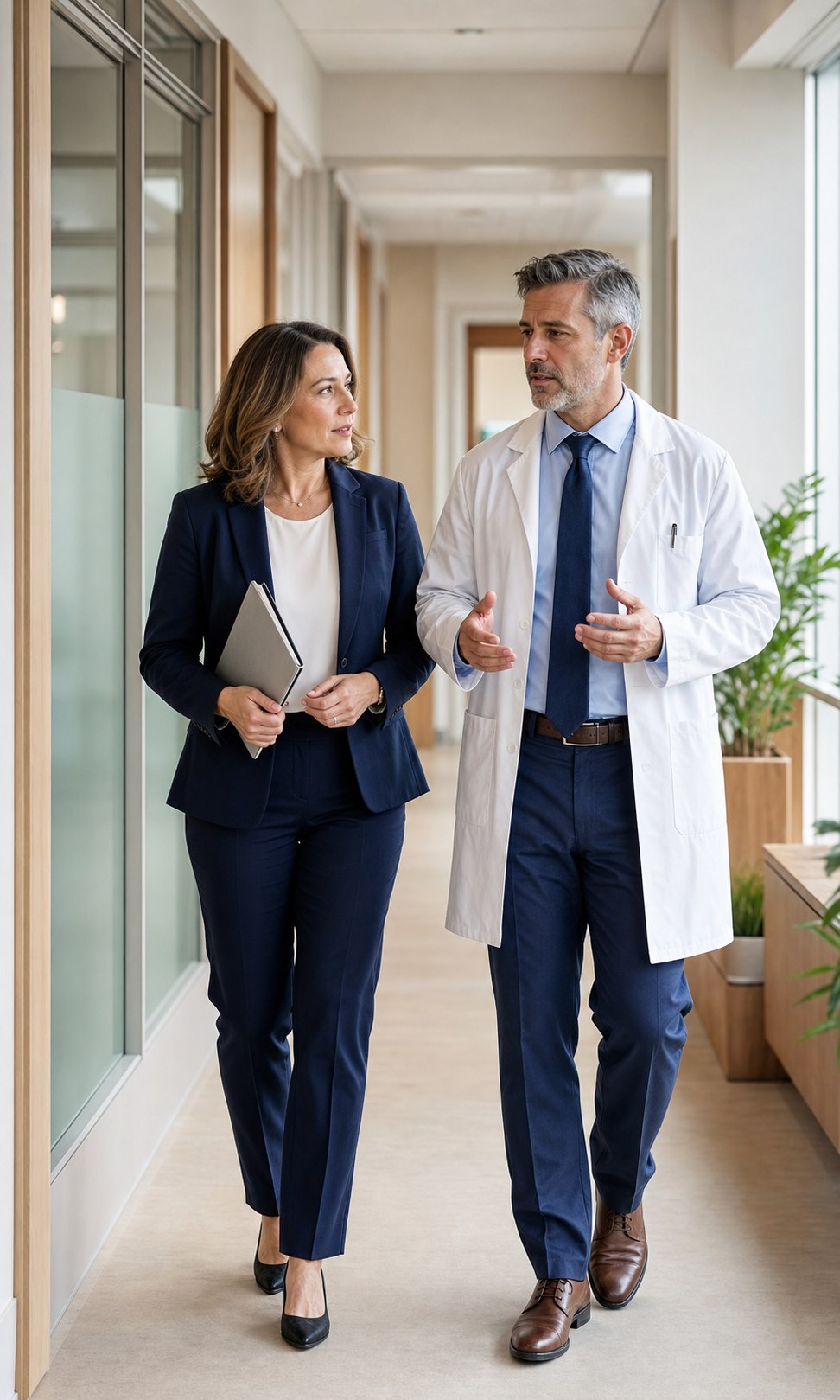 Healthcare administrator and physician discussing operations